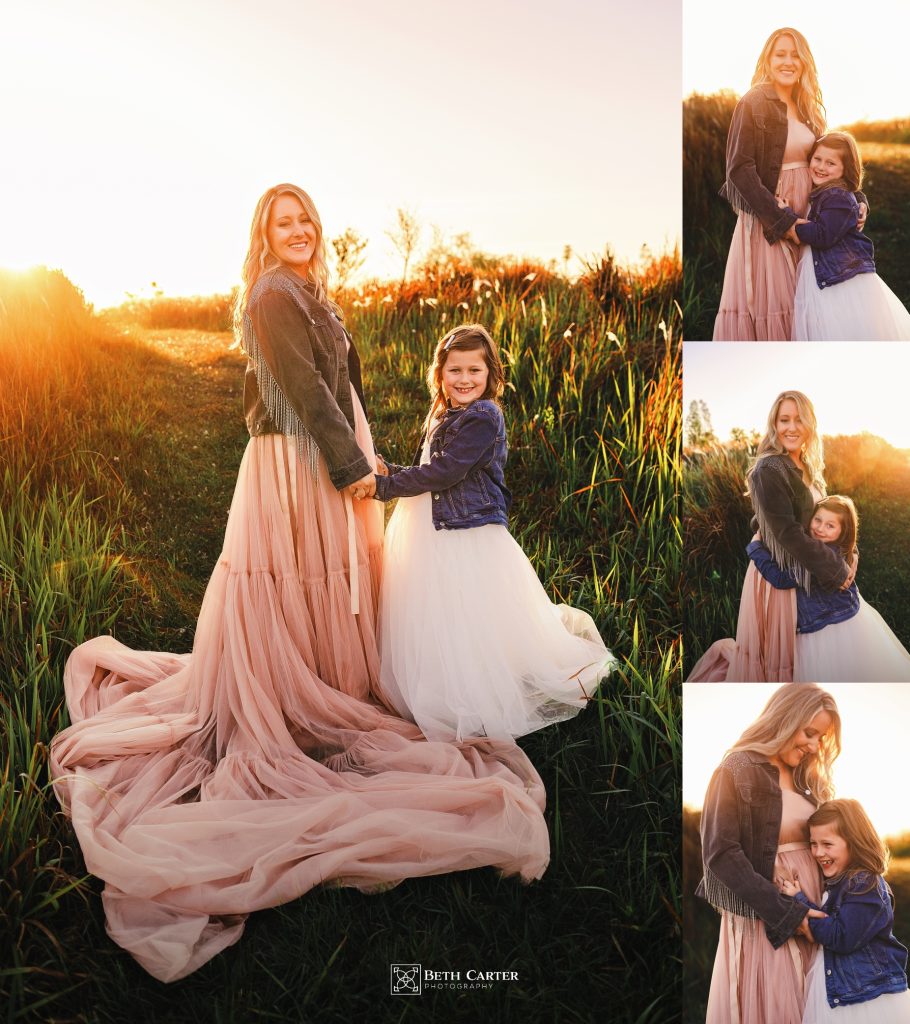 sunrise session of a mom and her daughter in beautiful gowns