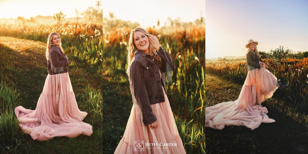 sunrise session of a mom and her daughter in beautiful gowns