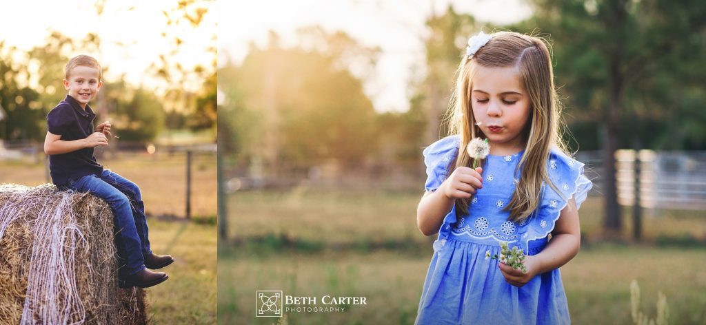 photos of children on hay roll and blowing a dandalion